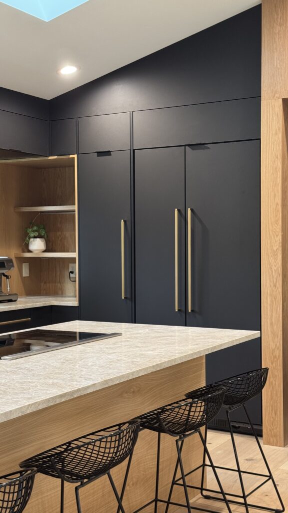 Park City custom cabinets, European cabinets Park City, luxury kitchen Park City Utah, frameless European cabinetry, custom pantry storage Park City, European kitchen design Utah, custom cabinetry Park City home, modern European cabinets, european style kitchen, custom kitchen, custom cabinets, inset cabinets, flat panel cabinets, dark kitchen, black cabinetry, dark toned kitchen, tall cabinets, integrated appliances, panel ready appliances, built in shelves, natural wood